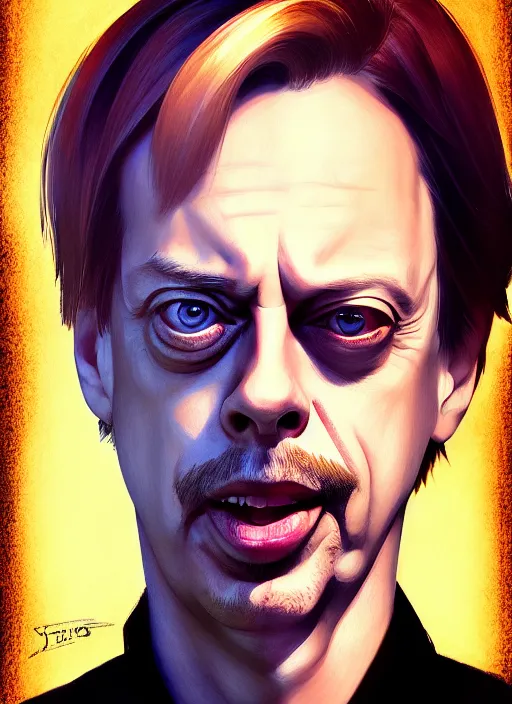 Image similar to a potrait of steve buscemi as an anime, fine, realistic, shaded, lighting, ilya, kuvshinov, katsuhiro, artgerm, jeremy, lipkin, michael, garmash, unreal, engine, 5, radiant, light, detailed, intricate, environment