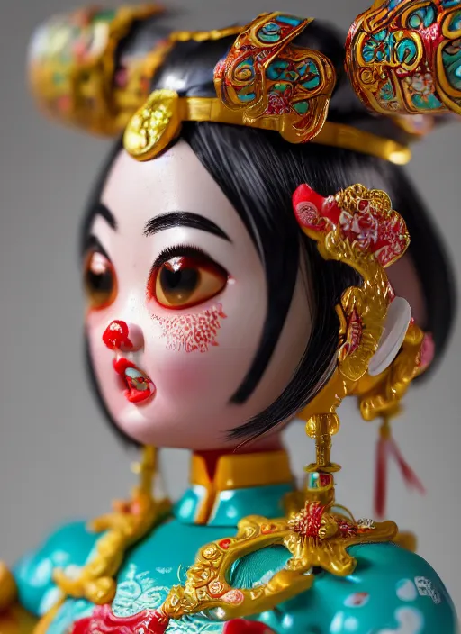 Image similar to closeup profile portrait of tin toy china cheongsam girl, bikini, depth of field, zeiss lens, detailed, symmetrical, centered, fashion photoshoot, by nicoletta ceccoli, mark ryden, lostfish, breathtaking, 8 k resolution, extremely detailed, beautiful, establishing shot, artistic, hyperrealistic, octane render