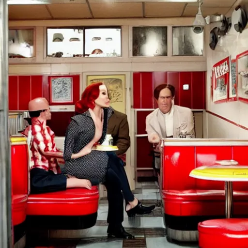 Prompt: cheryl blossom and saul goodman at a 5 0 s diner with red booths, still from breaking bad