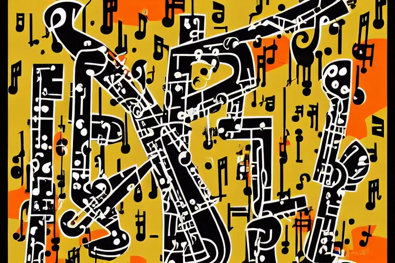 Image similar to abstract art poster of jazz musicians and musical notes in the style of Stuart Davis, matte illustration, texture,