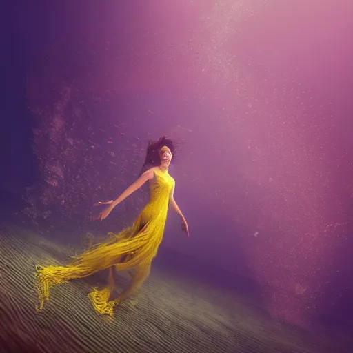 Image similar to woman dancing underwater wearing a long flowing dress made of yellow and red wire, coral sea bottom, swirling schools of silver fish, swirling smoke shapes, octane render, caustics lighting from above, cinematic, hyperdetailed