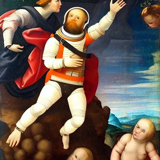 Prompt: beautiful renaissance painting of an astronaut floating in space