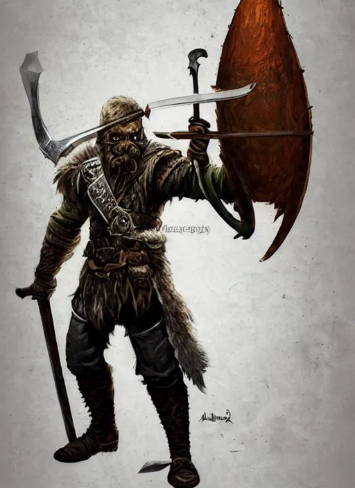 Image similar to strong young man, photorealistic bugbear ranger holding aflaming sword, black beard, dungeons and dragons, pathfinder, roleplaying game art, hunters gear, jeweled ornate leather and steel armour, concept art, character design on white background, by alan lee, norman rockwell, makoto shinkai, kim jung giu, poster art, game art