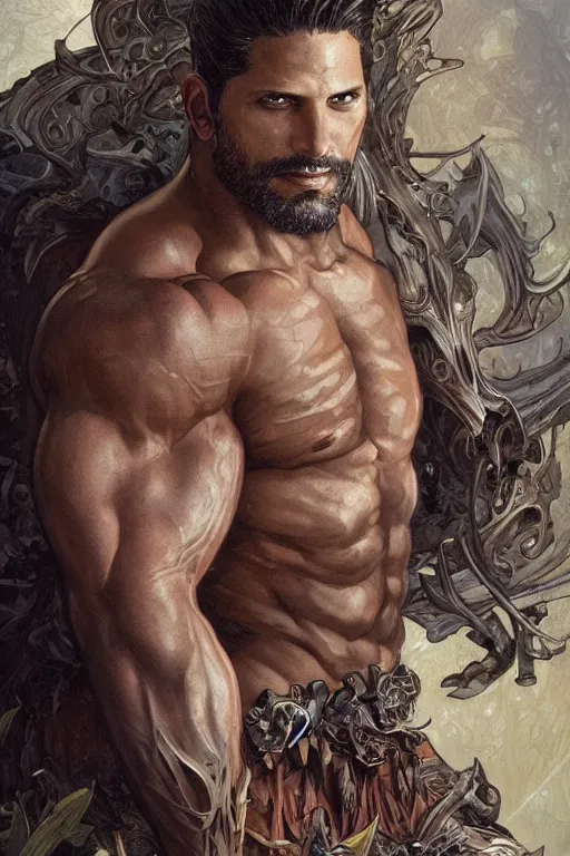 Image similar to portrait of joe manganiello as a hulking herculean demon, forest, godlike, full body, fantasy, intricate, elegant, highly detailed, digital painting, artstation, concept art, sharp focus, illustration, art by artgerm and greg rutkowski and alphonse mucha