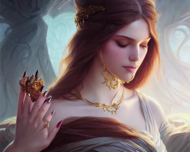 Image similar to nail manicure beautiful design, deep focus, d & d, fantasy, intricate, elegant, highly detailed, digital painting, artstation, concept art, matte, sharp focus, illustration, hearthstone, art by artgerm and greg rutkowski and alphonse mucha