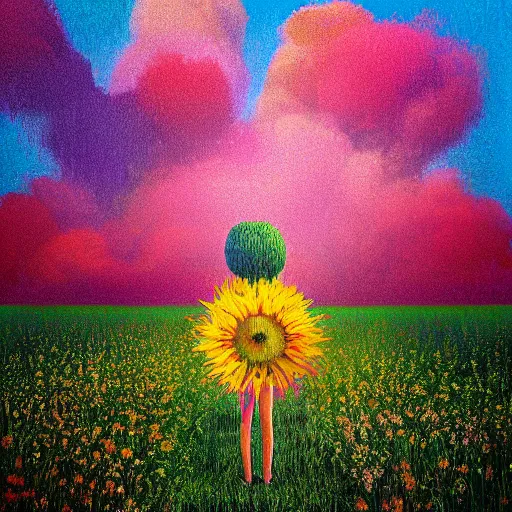 Image similar to giant flower head, girl standing in flower field, surreal photography, big trees, sunrise dramatic light, impressionist painting, colorful clouds, digital painting, pointillism, artstation, simon stalenhag