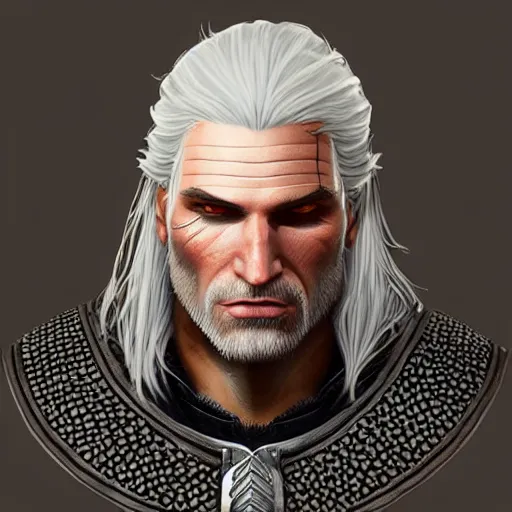 Prompt: Portrait of Geralt of Rivia, character design, fantasy, highly detailed, ArtStation, trending on ArtStation, by Rinotuna