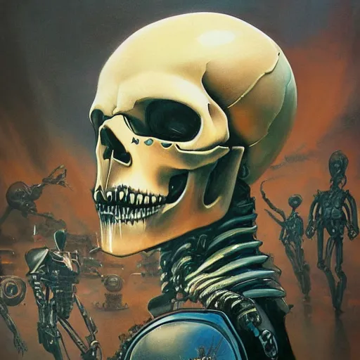 Prompt: A mixed media portrait painting of a skull skeleton punk rockers band, sweat, aesthetic symmetrical face and eyes, photorealistic, model, wet, starship-troopers, pacific-rim-mech in background, eighties pinup style, by Frank Frazetta, Boris Vallejo, Beeple, Greg Rutkowski, Christian MacNevin, epic fantasy character art, high fantasy, CGsociety, exquisite detail, post-processing, masterpiece, cinematic