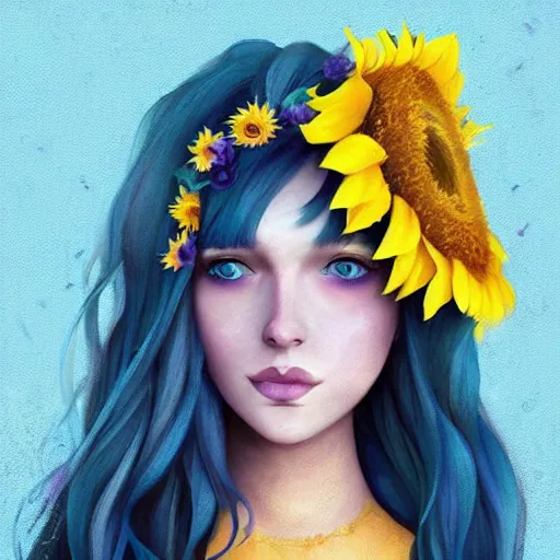 Image similar to a beautiful stunning matte digital portrait illustration of a blue-eyed woman with freckles and violet hair wearing a yellow sunflower crown, in the style of Ross Tran, trending on artstation, contest winner