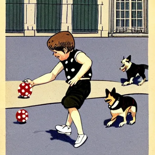 Image similar to book illustration of a french boy on the streets of paris playing football against a corgi, the dog is wearing a polka dot scarf, 1 9 6 6