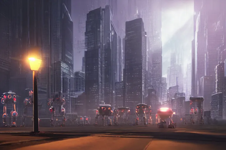 Prompt: landscape of a city of robots. cinematic lighting. photorealism.