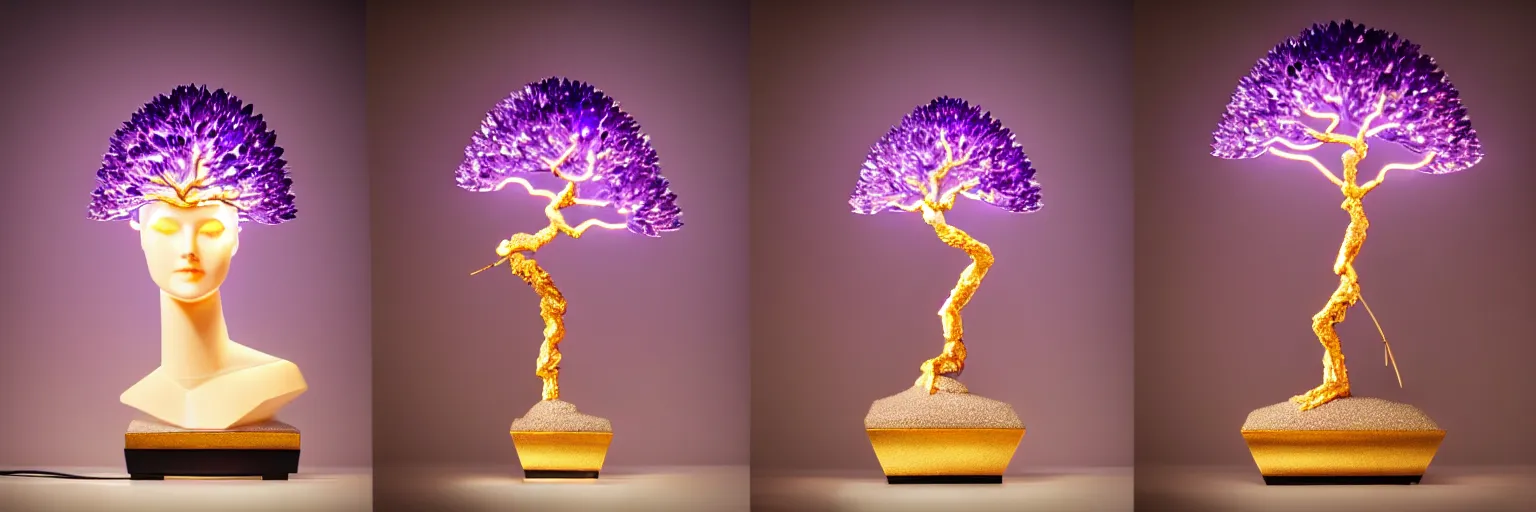 Image similar to beautiful mannequin sculpted out of amethyst by billelis + lit with geometric neon dripping gold + kintsugi, facing a doorway opening with neon pink geometric fractal light + flowering bonsai trees + lighting in background!!, transcendent, clean linework, dramatic, finely detailed, award winning, 4 k, trending on artstation, photorealistic, volumetric lighting, octane render