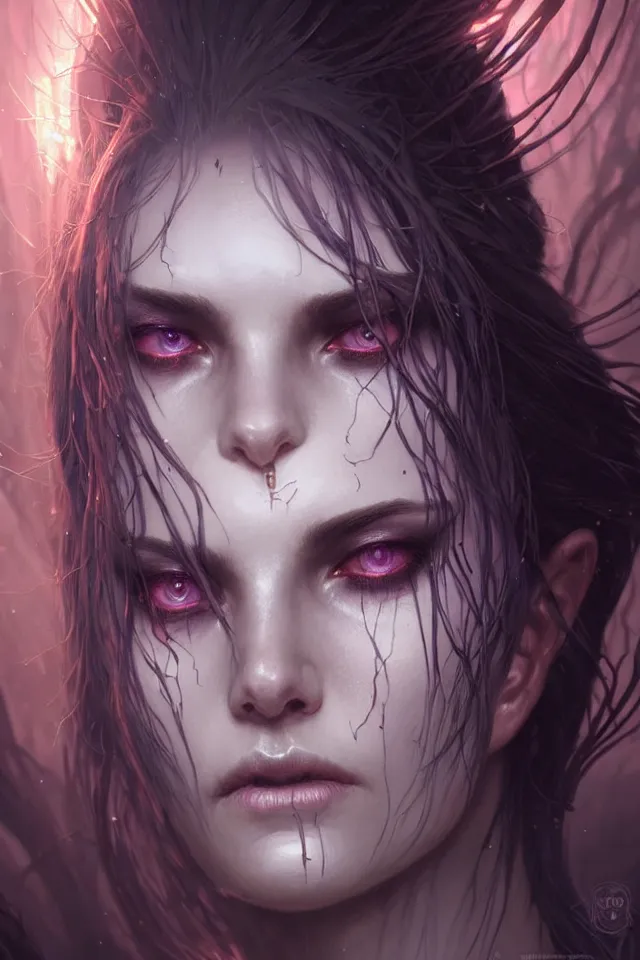 Image similar to Necromancer Sorceress face close-up macro in center, fantasy magic, undercut hairstyle, dark light night, intricate, elegant, sharp focus, illustration, highly detailed, digital painting, concept art, matte, art by WLOP and Artgerm and Greg Rutkowski and Alphonse Mucha, masterpiece