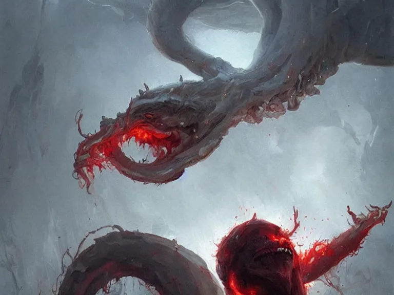 Image similar to painting by greg rutkowski a flying human head with tears running down it's face face that is chalk white in color, with long white!! tentacles!! coming out of the neck, fiery scorching red eyes, flying in a terrying hellish dark cavernous place