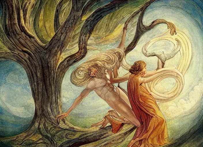 Image similar to most beautiful tree lance seeker of wisdom gentile in the style of william blake, terese nielsen, detailed, intricate, steve argyle, most beatiful faces, cinematic, dramatic lighting, 8 k resolution, pastoral fantastic reality