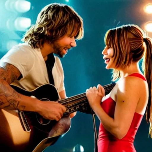 Image similar to Promo picture of Jennifer Lawrence and Justin Bieber in Star is Born remake (2029)