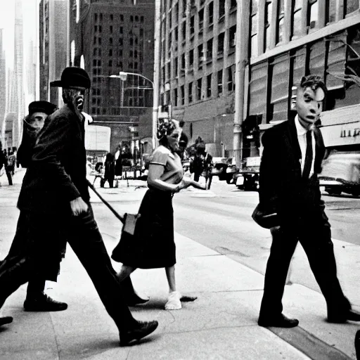 Prompt: street photography from 1961 Chicago, zombies walking politely down the sidewalk, in the style of Vivian Maier