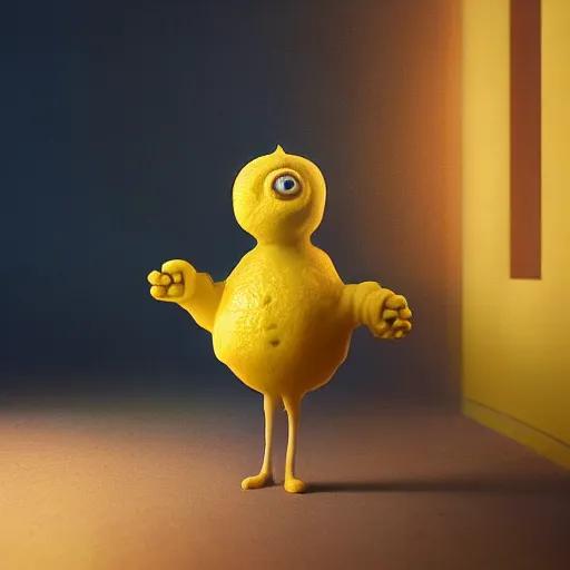 Prompt: cool looking lemon character, painterly 3 dimensional concept art in hasselblad 8 k photo cinematic dramatic octane cycle lighting with caustics by gurney shaun tan rutkowski!