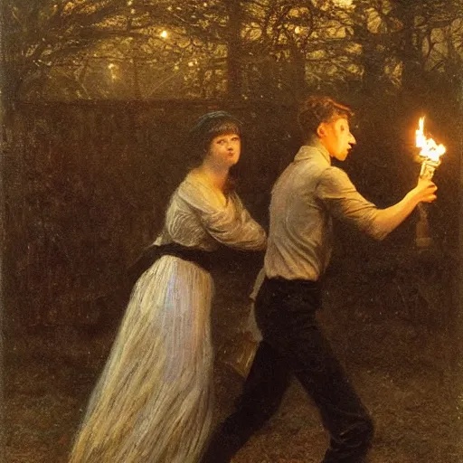 Image similar to young victorian man and woman traversing a dark maze, the man holding a torch, the woman hiding behind him, by alfred stevens