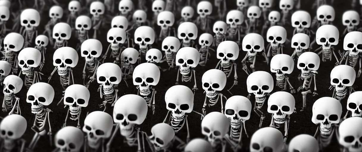 Prompt: hyperrealistic supercute skeleton army ute osterwald jason limon professional concept art dramatic blue lighting wide angle hd 8k sharp shallow depth of field