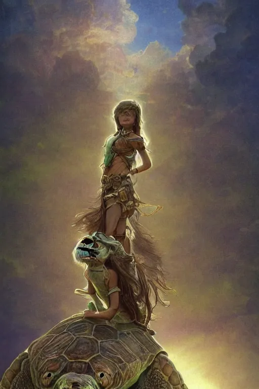 Image similar to a little warrior girl sitting on top of a giant turtle that is walking in the desert, seen from a distance. the girl is fully visible and has dark skin and beautiful green eyes, realistic full body and a very beautiful detailed face with long black hair. diffuse light, dramatic sky and landscape, fantasy illustration by mucha