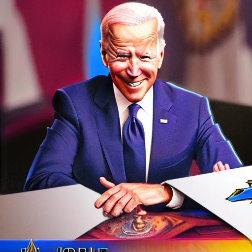 Prompt: joe biden as a yugioh card, award winning professional digital art