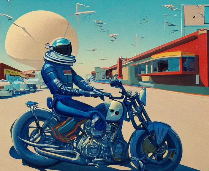 Image similar to a very detailed painting of a astronaut wearing a suit, riding a motorbike down a street, harley davidson motorbike, worm's - eye view, very fine brush strokes, very aesthetic, very futuristic, in the style of edward hopper and grant wood and syd mead, 4 k,