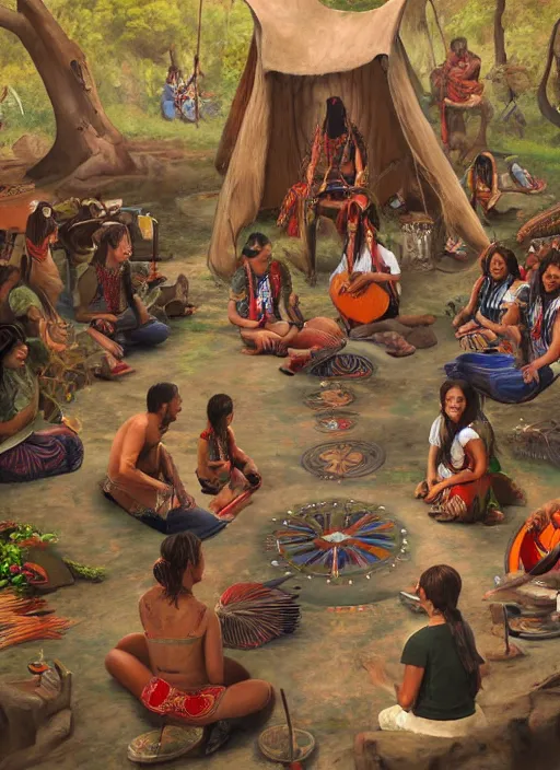 Image similar to a painting of indigenous people sitting in circle and playing music, matte painting, highly detailed, fantasy art