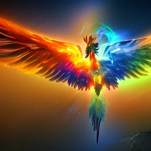 Prompt: a fantasy painting of an abstract energy rainbow phoenix on a dark background, high contrast, positive energy, unreal engine 5, Houdini render