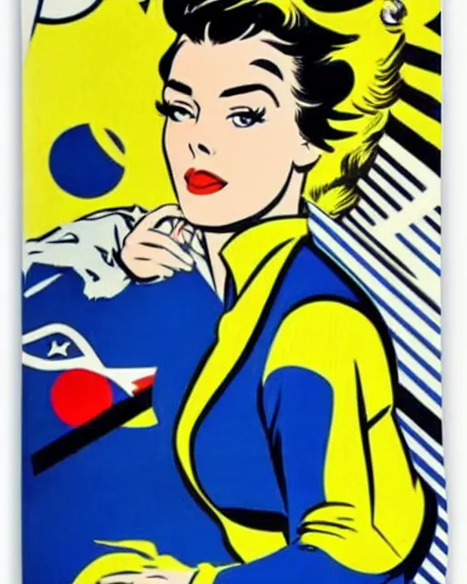 Image similar to a 1950's propaganda poster of a beautiful woman in a flight suit by Roy Lichtenstein