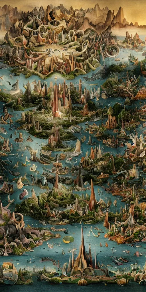 Prompt: a beautiful and insanely detailed matte painting of a magical giant computer with incredible surreal architecture designed by Heironymous Bosch, mega structures inspired by Heironymous Bosch's Garden of Earthly Delights, creatures of the air and sea inspired by Heironymous Bosch's Garden of Earthly Delights, ships in the harbor inspired by Heironymous Bosch's Garden of Earthly Delights, vast surreal landscape and horizon by Jim Burns, rich pastel color palette, masterpiece!!, grand!, imaginative!!!, whimsical!!, epic scale, intricate details, sense of awe, elite, fantasy realism, complex layered composition!!