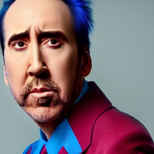 Image similar to nicholas cage with blue hair