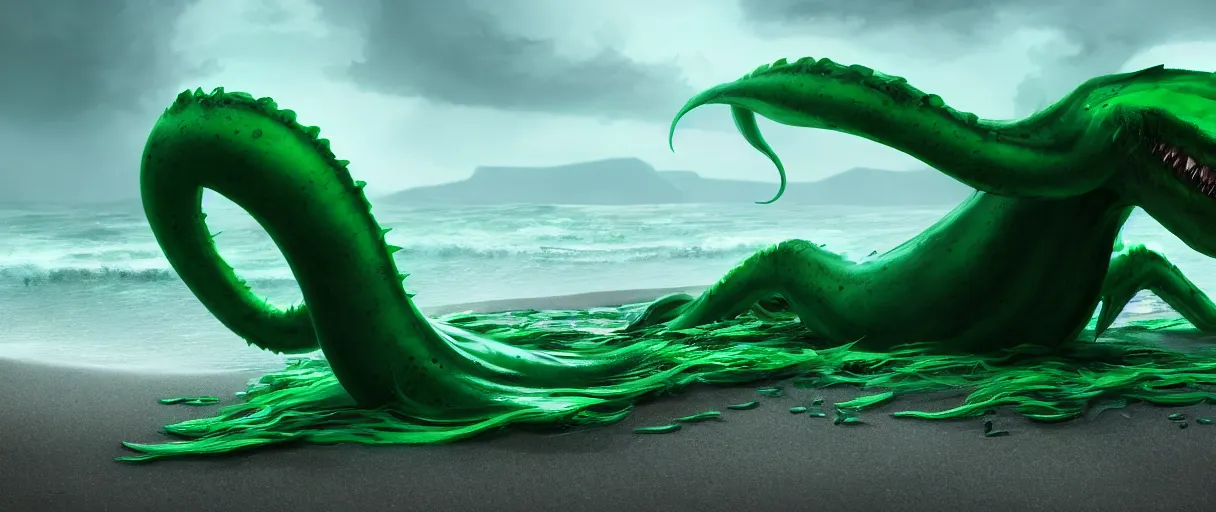 Image similar to a stunning cinematic extreme wide shot of an adorable confused slick sleek smooth green and jade humanoid sea monster wearing clothes made of seaweed on a dark stormy beach, well designed perfect with huge luminous sad eyes, sharp claws, cgsociety, hd octane render, fantasy, furry art, artstation, deviantart, furaffinity, very very clean, super smooth, thunderclouds