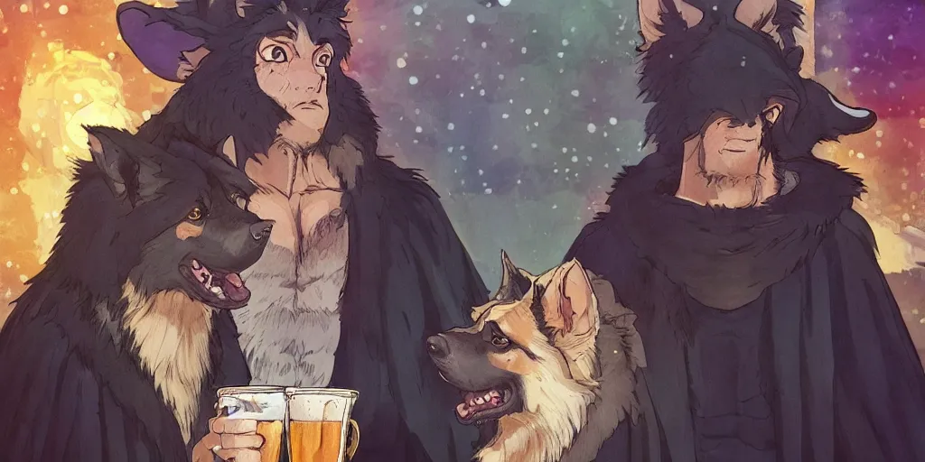 Image similar to a two german shepherds beast - men, holding a mug of beer, a lot of pockets, fur cape, tavern background, magical, bright, colorful, fantastic lighting, amazing details, 4 k uhd, illustration by hayao miyazaki and makoto shinkai and ilya kuvshinov, artstation, pixiv,