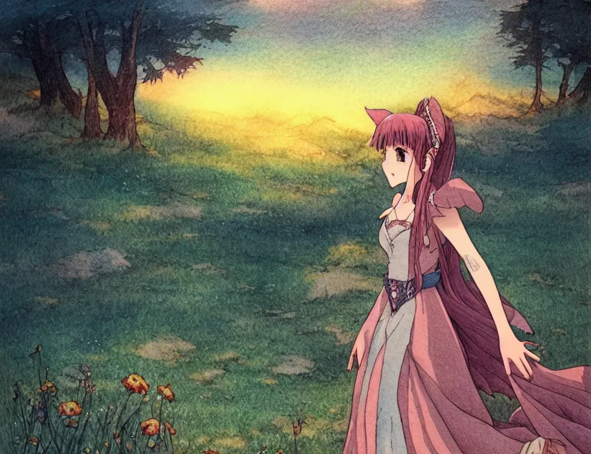 Image similar to princess of dusk at the alpine meadow. color ink wash by award - winning mangaka, chiaroscuro, bokeh, backlighting, intricate details