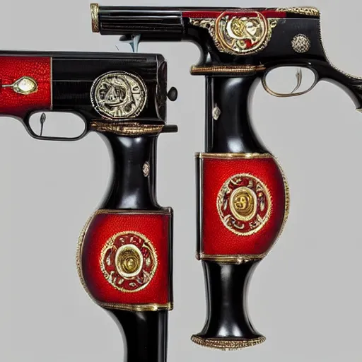 Image similar to an elegant victorian set of dueling pistols decorated with an apple theme