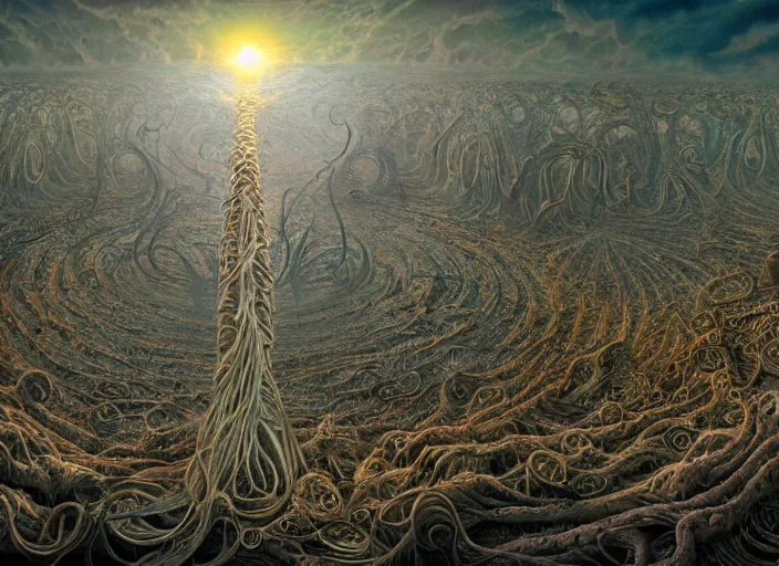 Image similar to acid trip of the fractal end of the world by giger and vladimir kush, crowd of people in the center, big tentacle in bottom right, au naturel, hyper detailed, digital art, trending in artstation, cinematic lighting, studio quality, smooth render, octane rendered...