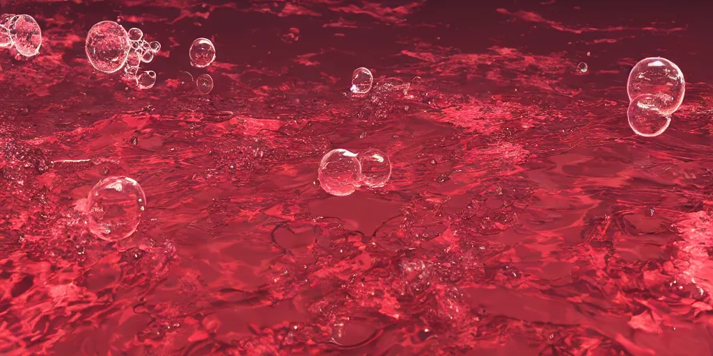 Image similar to scientific studio photograph of a clear water solution attempting to mix with red oil, with bubbles and unmerging layered systems. artstation hq, 8 k