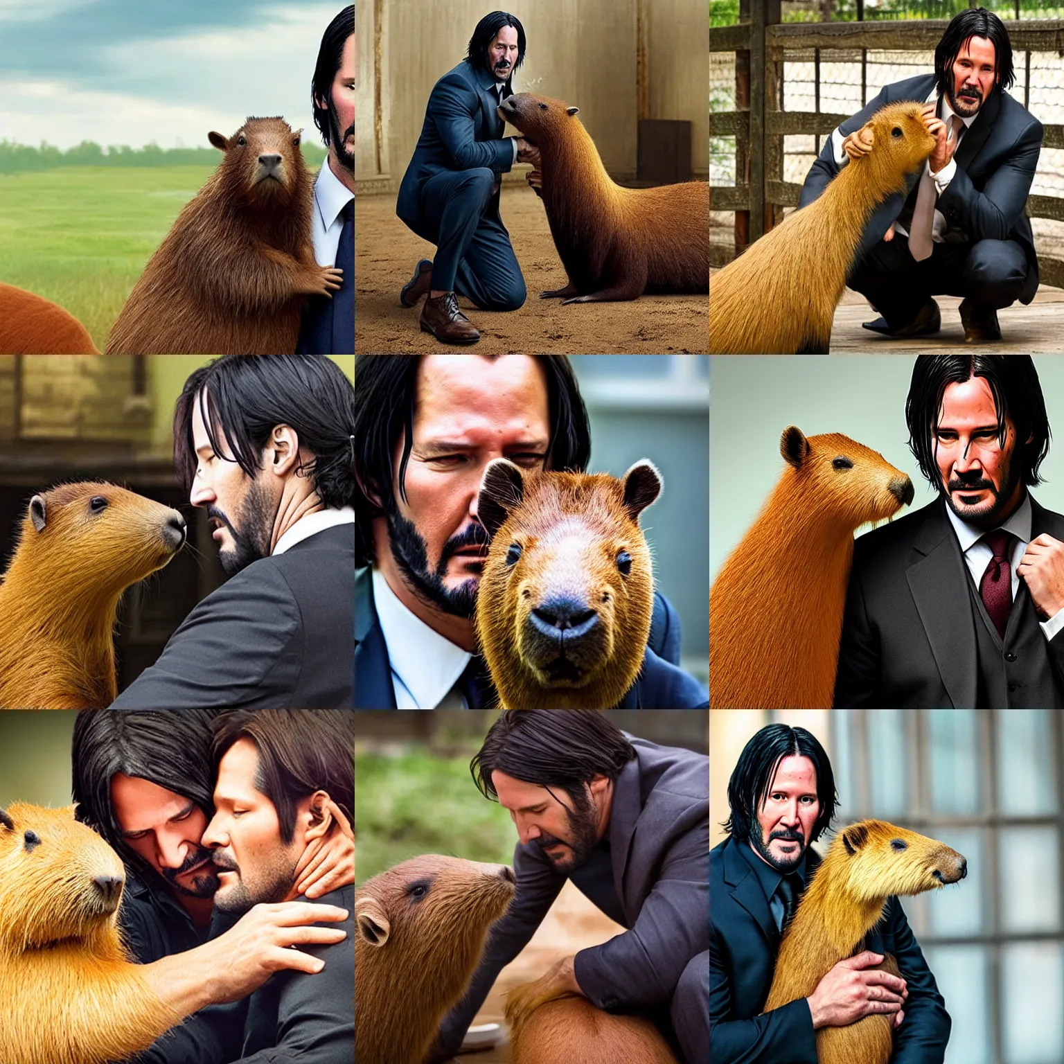 Prompt: photograph of john wick hugging a capybara