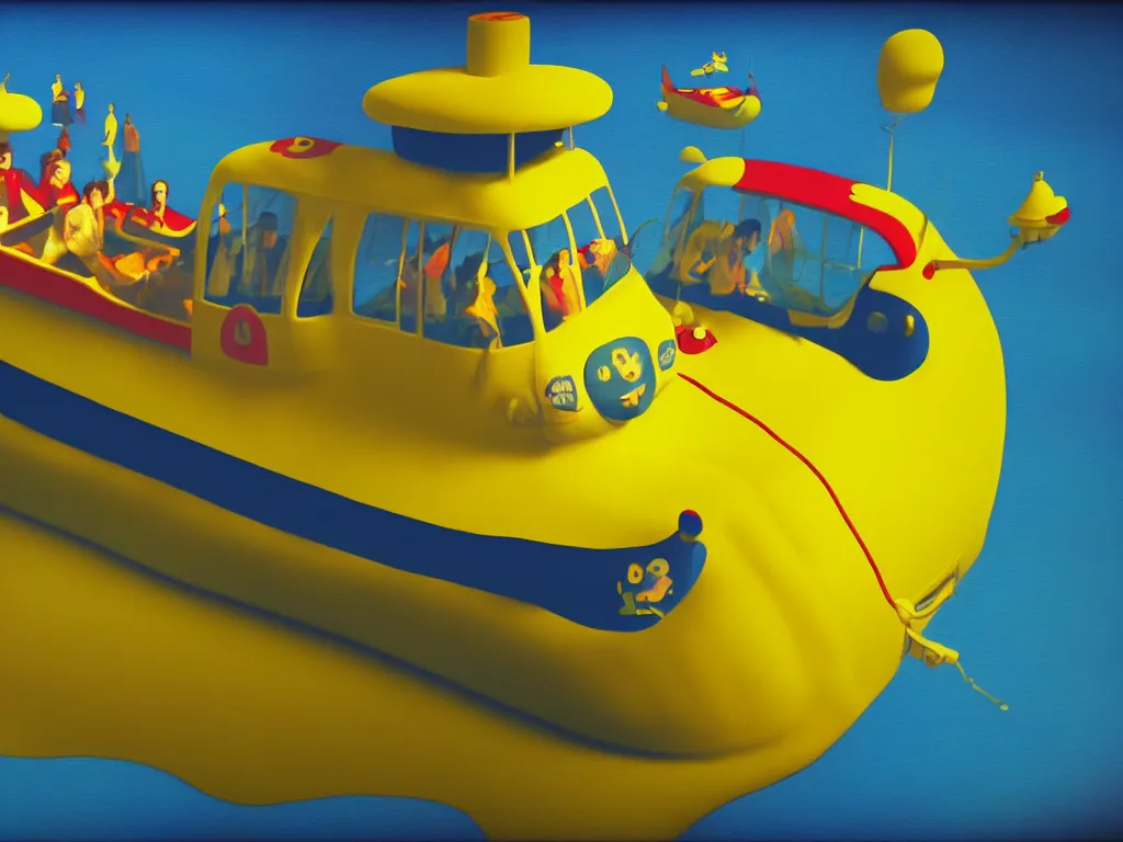 Image similar to yellow submarine by the beatles, photorealistic painting, cgi, low volumetric light, movie still, very cute and cozy and fluffy and sweet