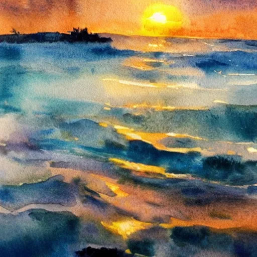 Image similar to atlantide at sunrise. watercolor. trending on artstation.