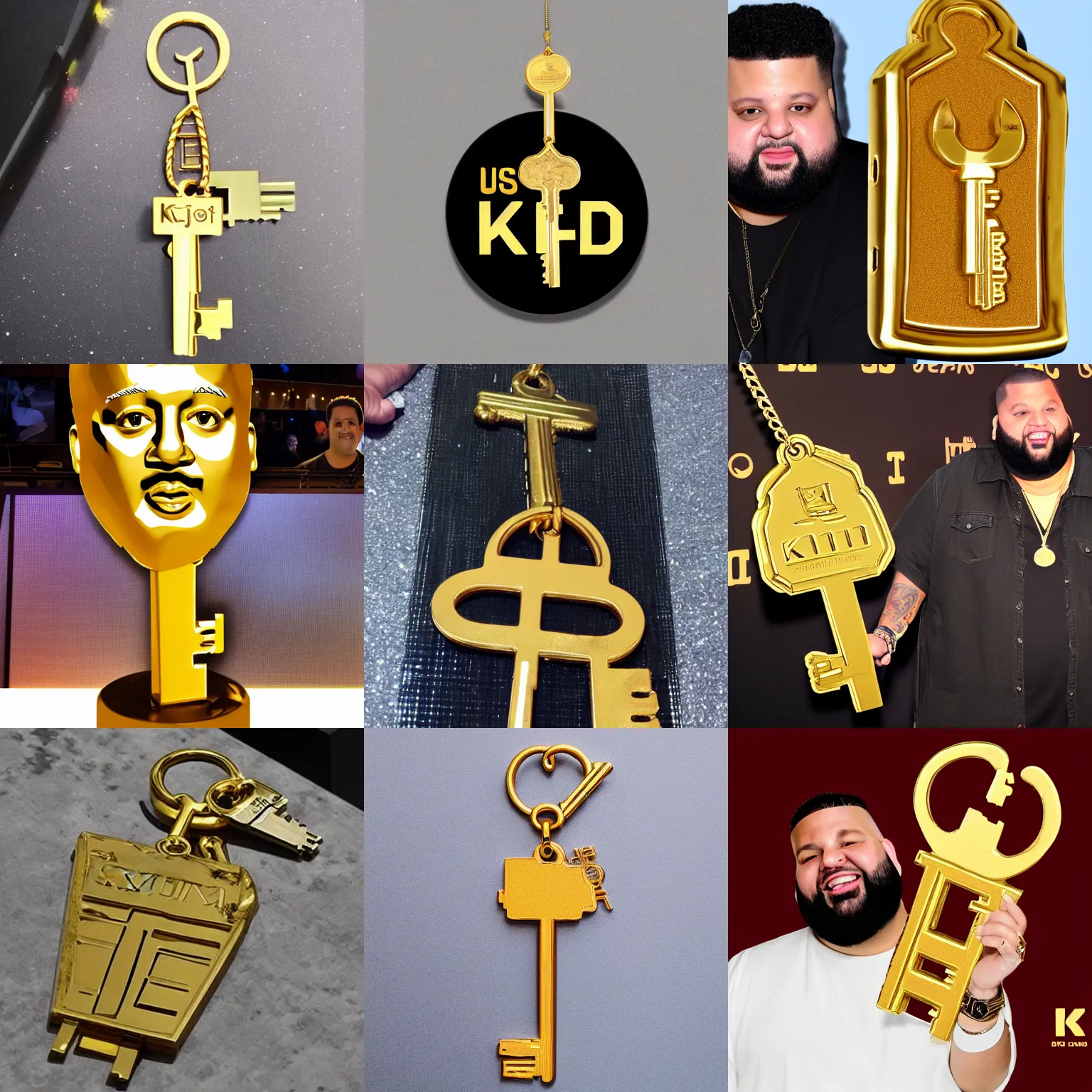 Prompt: giant golden key with dj khalid's head as the base