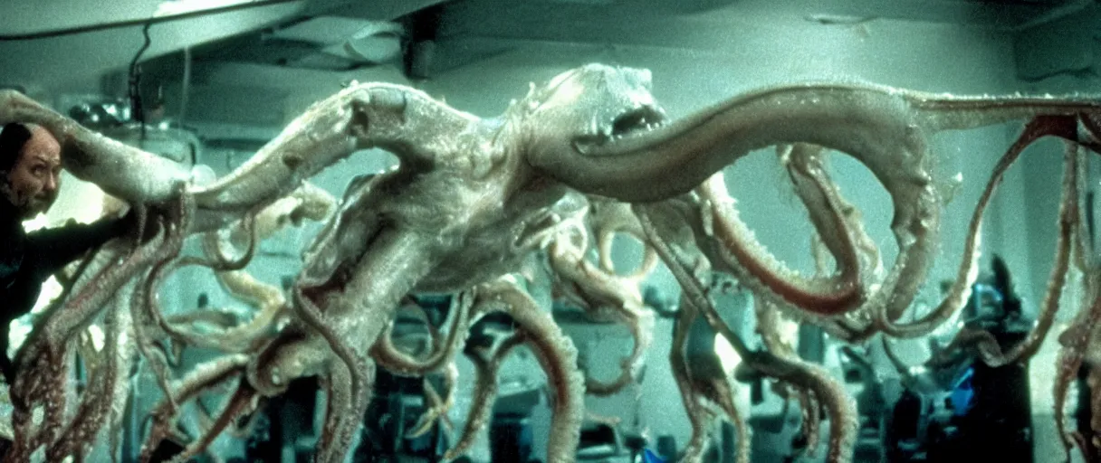 Prompt: filmic extreme full body wide shot movie still 4k UHD interior 35mm film color photograph of a nightmarish shifting alien chimera organism made of a variety of squid sea creature limbs in the style of a 1980s sam raimi horror film