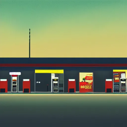 Image similar to a matte painting of a gas station at night by emiliano ponzi, james gilleard, george ault, david hockney, atey ghailan, albert namatjira, marius borgeaud, minimalist, bauhaus, retrofuturism, postminimalism, concept art, matte background, matte drawing, magical realism, space art, generative art