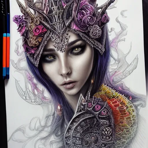 Image similar to hyper realistic pencil drawing of a eldritch queen, intricate detail, beautiful, battle armor, war, fight, light, dragon, colorful by anna dittmann-C 6