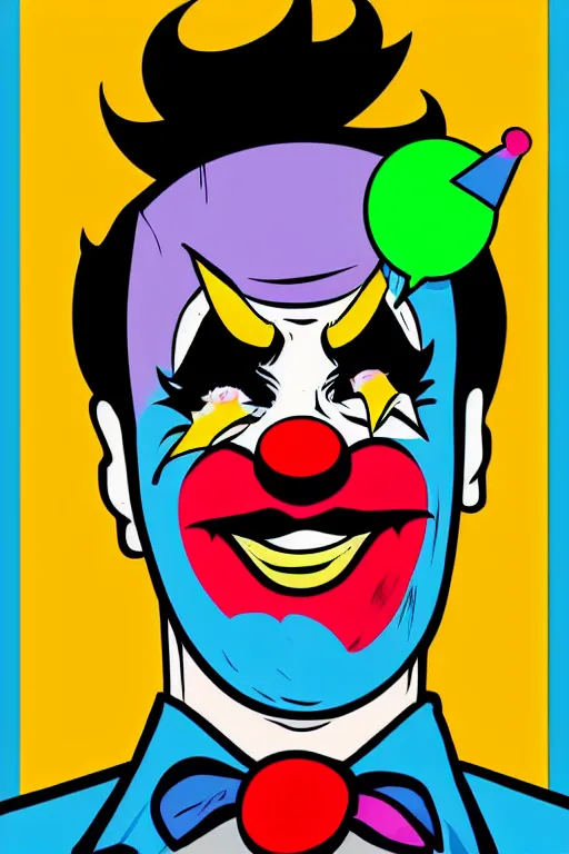 Prompt: display twitter guy wearing an blouses with clown mask. pop art, gta vice city art style, symmetrical, sharp focus, illustration, intecrate details, confident posse, art by mark millar and richard hamilton and mimmo rottela