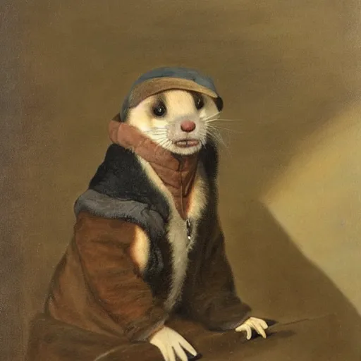 Prompt: Ferret with brown face markings in a general outfit , painted by Jan Willem Pieneman, Courageous, Bold, painting