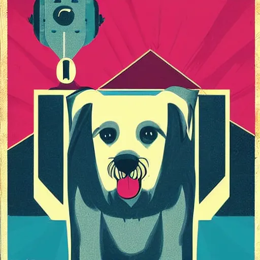 Prompt: retro poster with a painting of a blond terrier standing on a wall, an art deco painting by tom whalen, trending on behance, art deco, digital illustration, storybook illustration, art deco, flat shading, vector art, airbrush