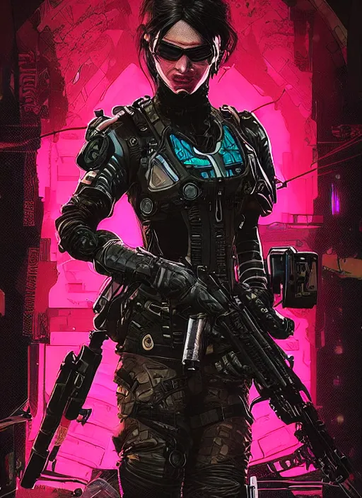 Prompt: cyberpunk blackops assassin babe. night vision. portrait by ashley wood and alphonse mucha and laurie greasley and josan gonzalez and james gurney. spliner cell, apex legends, rb 6 s, hl 2, d & d, cyberpunk 2 0 7 7. realistic face. dystopian setting.