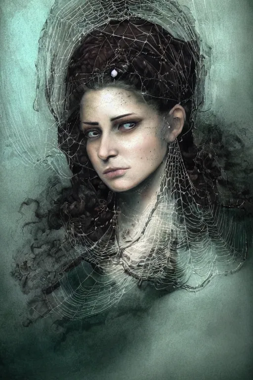 Prompt: portrait, headshot, digital painting, of a 17th century, beautiful, middle aged, middle eastern, wrinkles, decadent, cyborg noble woman, dark hair, piercings, spiderweb of network cables for hair, amber jewels, baroque, ornate dark green opulent clothing, scifi, futuristic, realistic, hyperdetailed, concept art, chiaroscuro, rimlight, art by syd mead